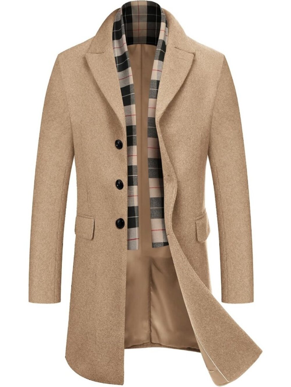 Stylish Men's Wool Blend Peacoat with Detachable Plaid Scarf & Notched Collar